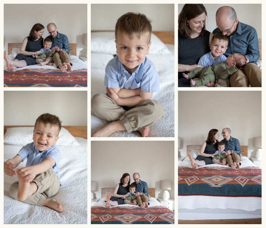 A collage of photos taken at an in-home newborn photo session. A family of 4, including mom, dad, big brother an a brand new baby!